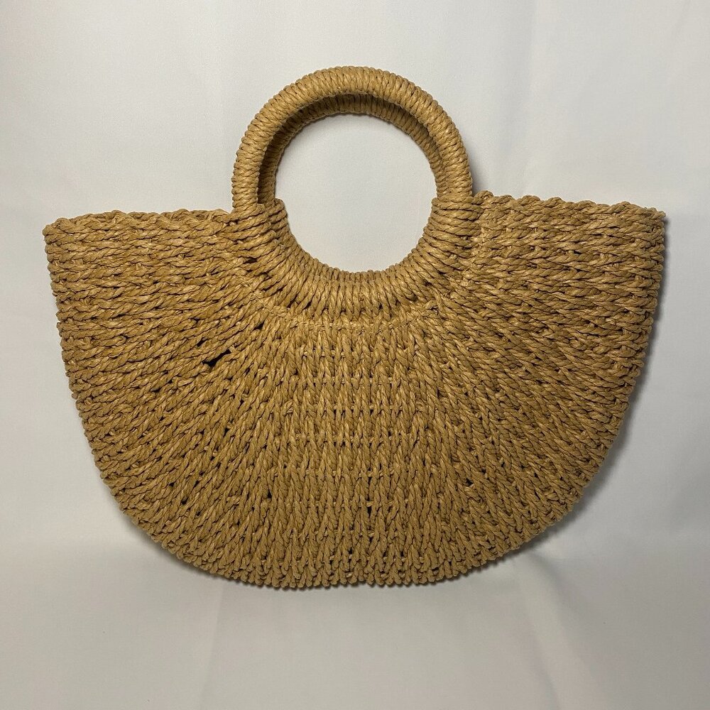 Boho Straw Woven Drawstring Round Handle Purse Bag Summer Travel Beach Rattan EC